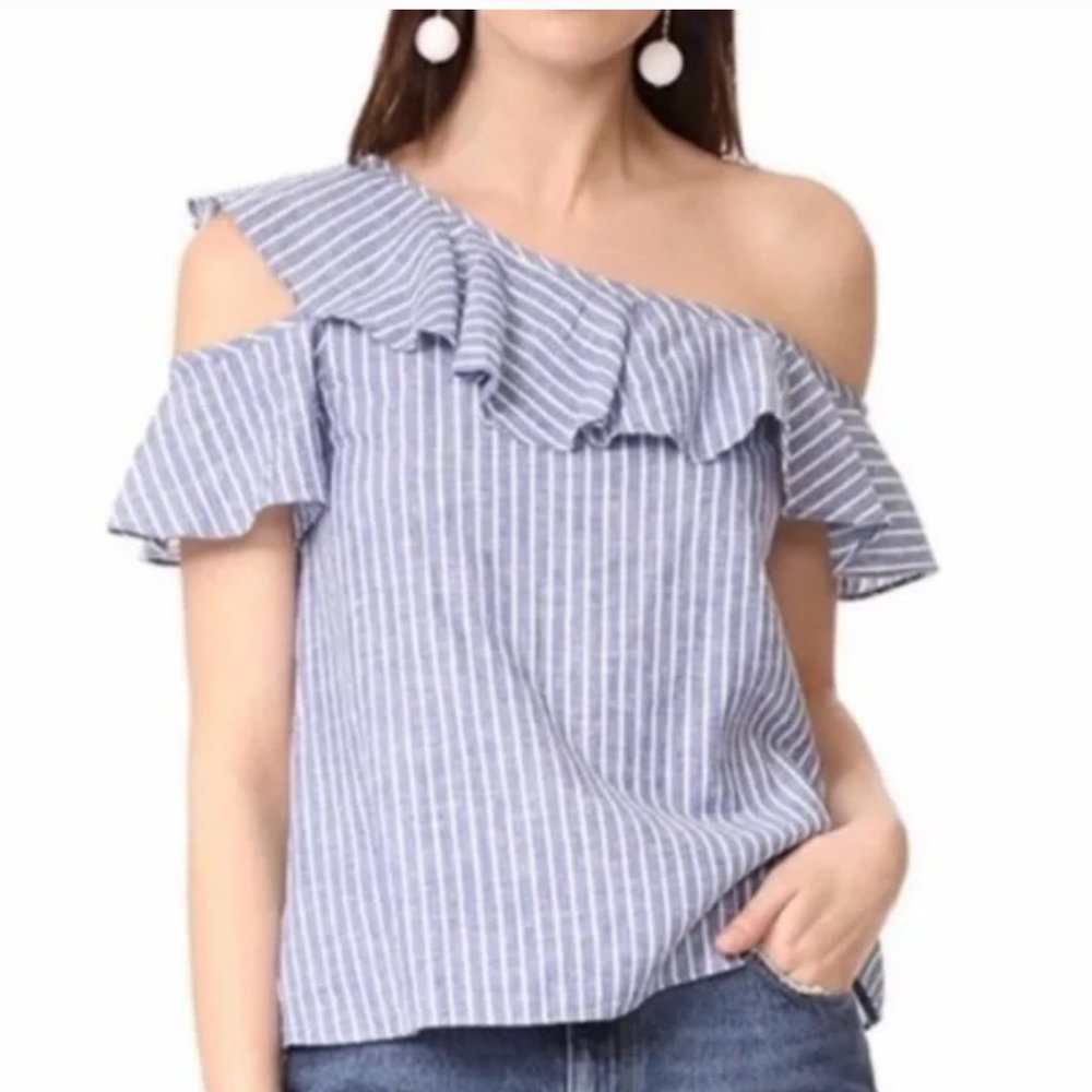 Madewell One Shoulder Ruffle Blue Striped Linen/Cotton Blend Top Size 4 - Picture 2 of 9